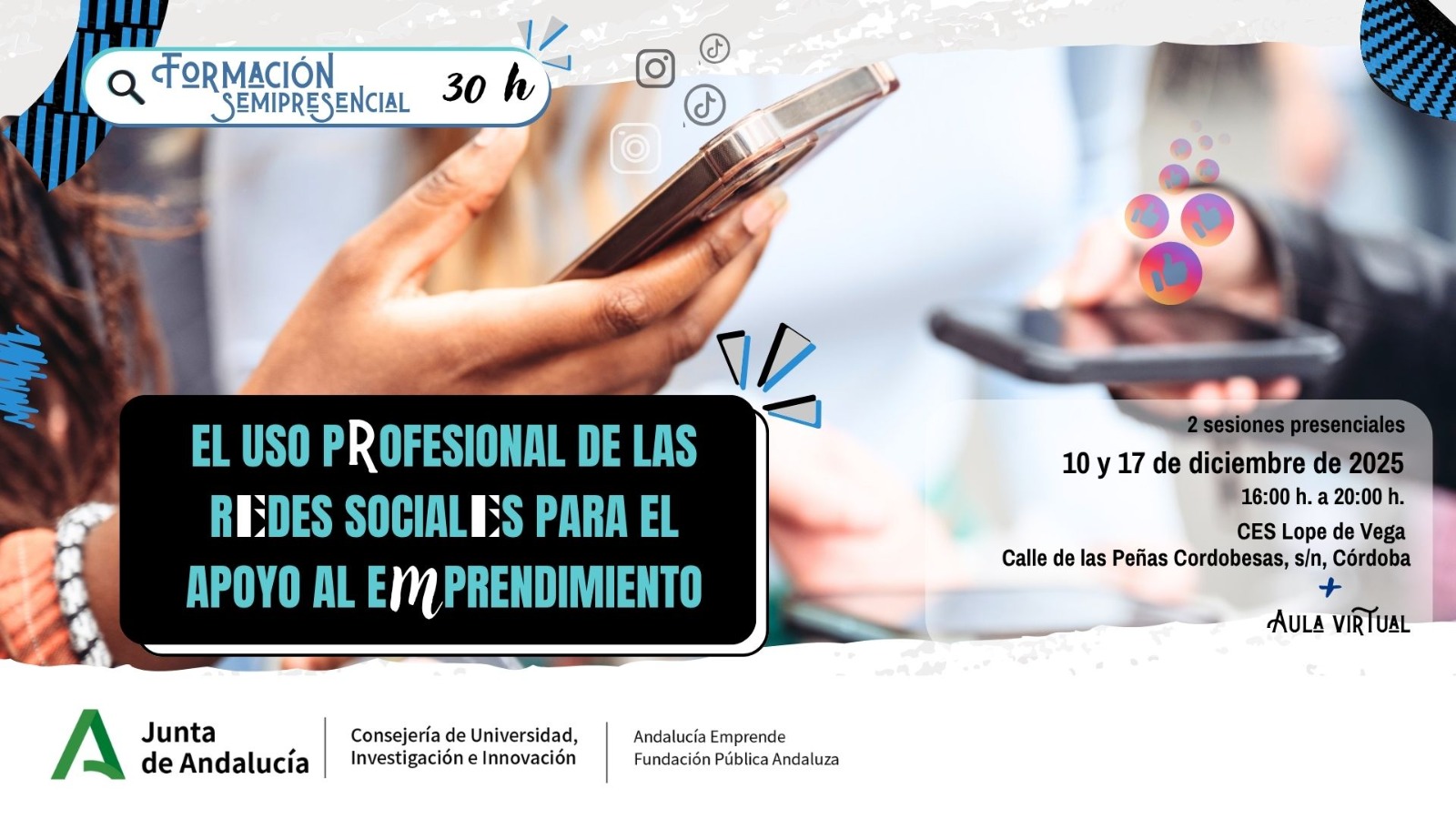 Banner del curso sobre uso profesional de las redes sociales para el emprendimiento en el CES Lope de Vega